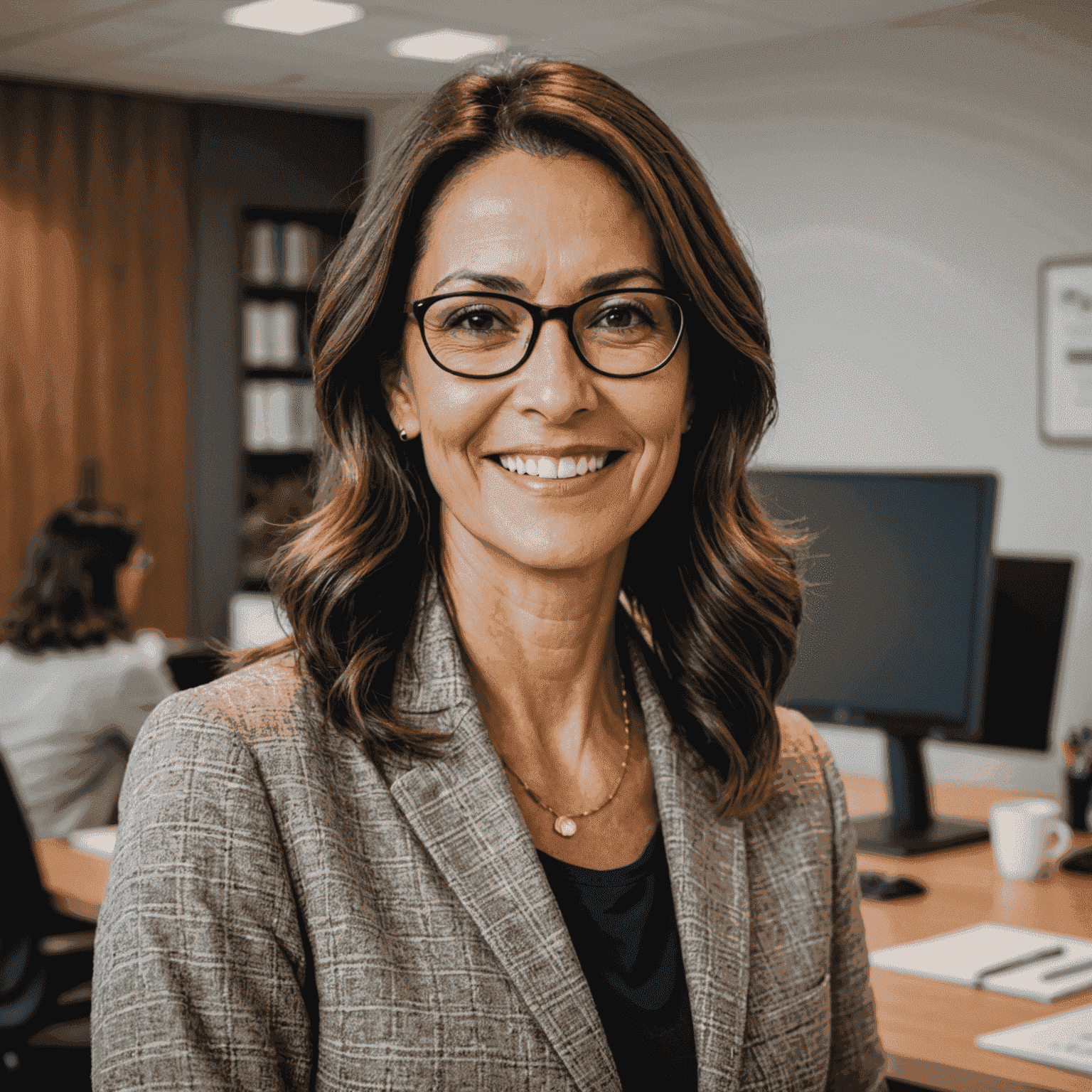 Foto de María González, fundadora y directora de Ruhuwee. Una mujer de unos 40 años con pelo castaño y gafas, sonriendo a la cámara en un entorno de oficina moderno.