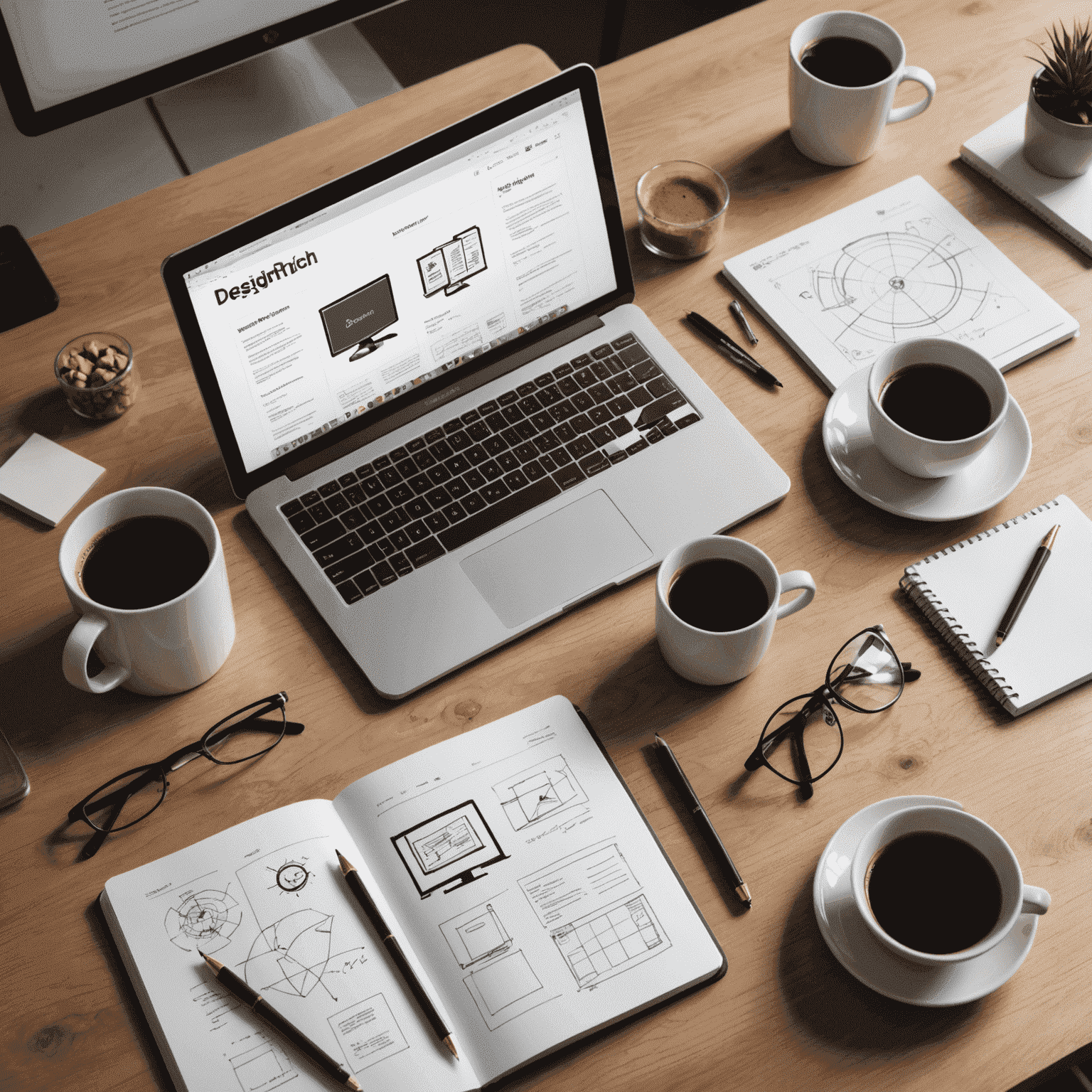 Imagen de un escritorio con una computadora mostrando un diseño web, junto a una taza de café y un bloc de notas con bocetos de diseño