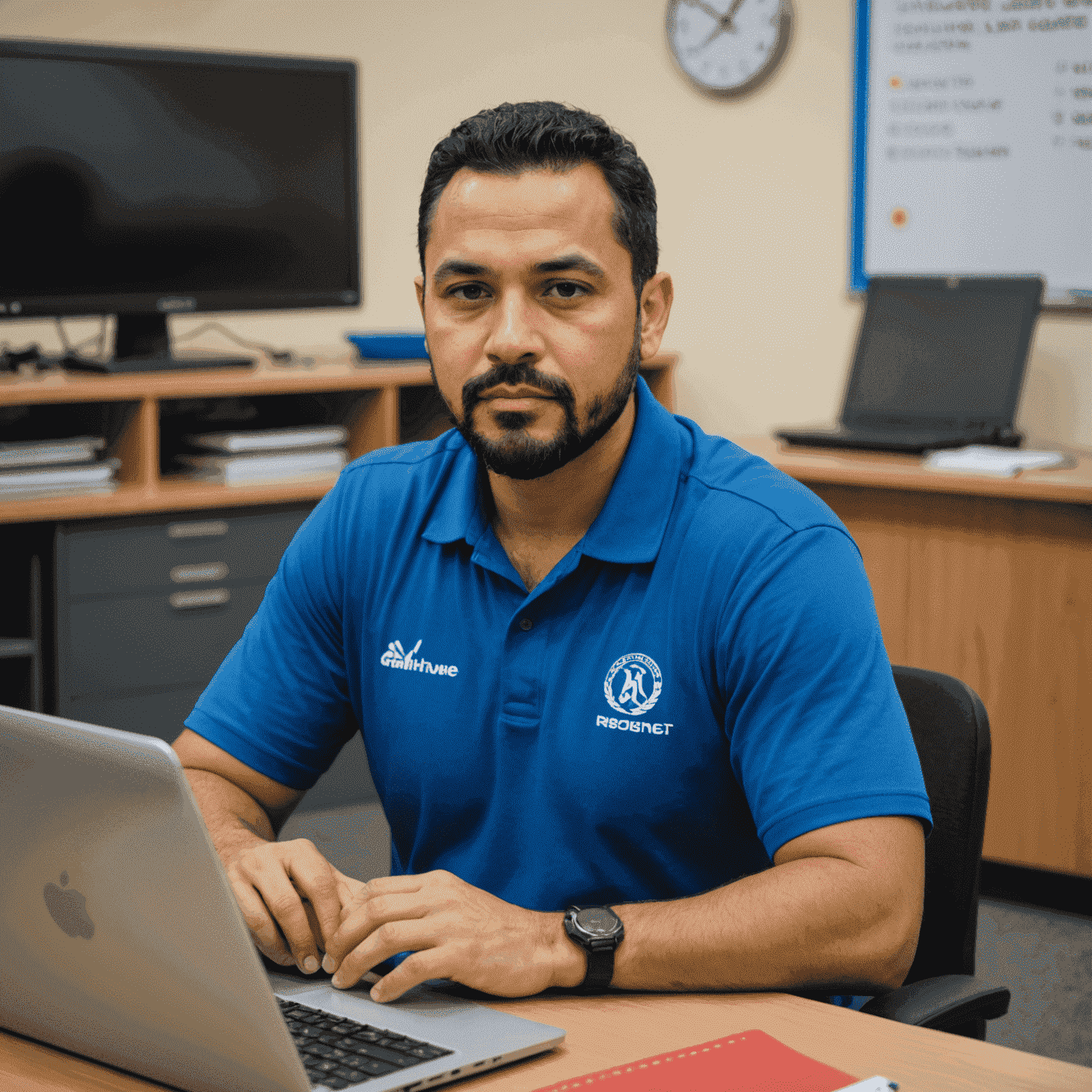 Foto de Carlos Ruiz, jefe de instrucción de Ruhuwee. Un hombre de unos 35 años con barba corta y camisa azul, sentado frente a un ordenador en un aula de formación.